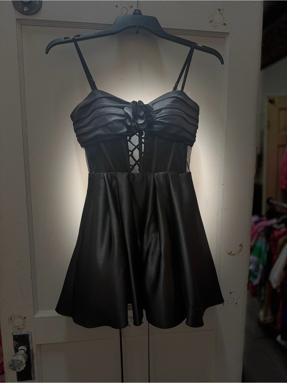 Blondie Nites Black Mini Dress with Floral Accent